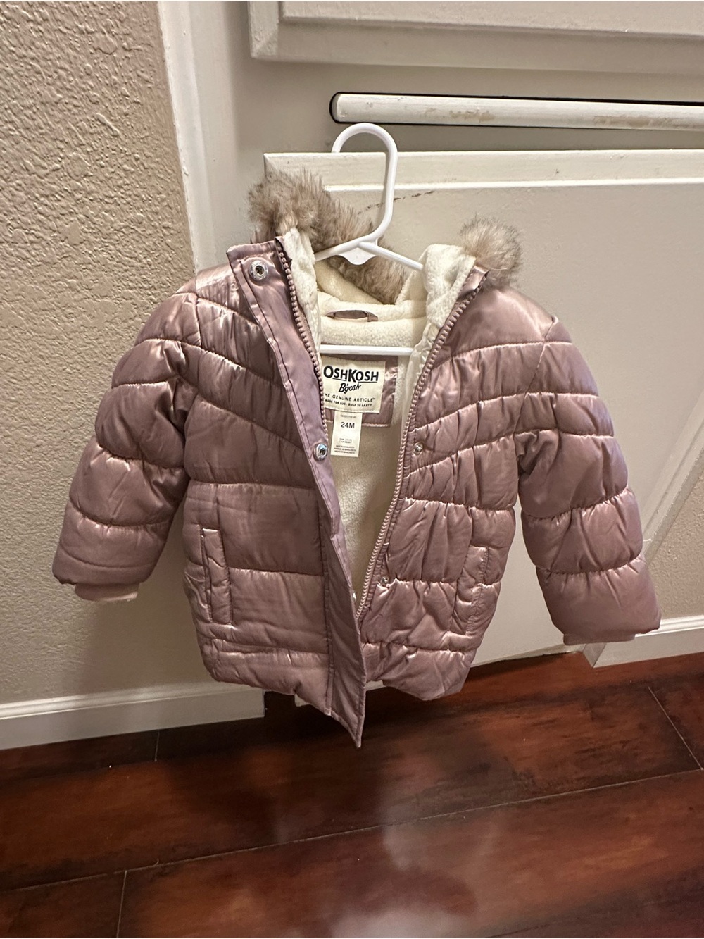 OshKosh B'gosh Mauve Pink Toddler Puffer Jacket with Faux Fur Trim - 24 months